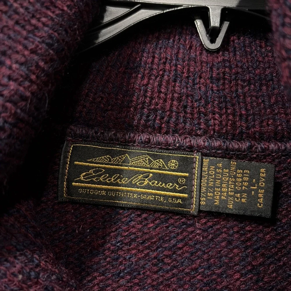 Vtg Eddie Bauer Wool Blend Sweater Mens Large Burgundy Blue Long Sleeve Pullover